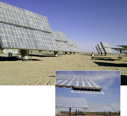 <p>
Links: Konzentrierende Solarmodule in einem chinesischen Kraftwerk. Die Anlage befindet sich in der heißen Wüstenregion von Golmud, im Hochland von Tibet. Sie leistet 100 Kilowatt.
</p>

<p>
Unten: Testanlage von Solfocus. Das Unternehmen musste im Spätsommer 2013 das Handtuch werfen.
</p>

<p>
</p> - © Fotos: Isofoton, Solfocus

