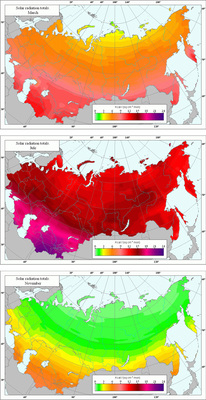 <p>
</p>

<p>
Sonneneinstrahlung auf das russische Territorium im März, im Juli und im November. Das Land vereint alle Klimazonen.
</p> - © Karten: agroatlas.ru

