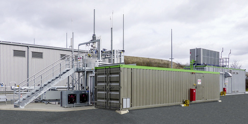 <p>
</p>

<p>
Der Elektrolyseur mit einer Leistung von bis 400 Kilowatt steht rechts außen, obendrauf ist die Kühlung.
</p> - © Foto: Viessmann

