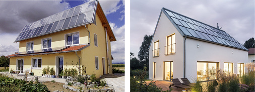 <p>
Mit einem Vordach (links) lässt sich die Energieausbeute erhöhen. Im Sommer ist der Sonnenschutz gewährleistet.
</p>