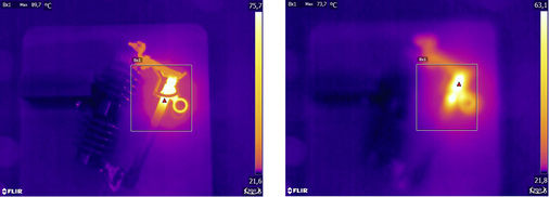 <p>
Abbildung 2: Fokussiertes Wärmebild links mit Maximaltemperatur Tmax = 89,7 Grad Celsius und nicht fokussiertes Wärmebild rechts mit Maximaltemperatur Tmax = 73,7 Grad Celsius.
</p>