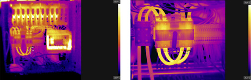 <p>
Abbildung 7: Verbindungskabel in einem Wechselrichter aus einem Meter Entfernung. Im linken Bild, aufgenommen mit einer 180 x 180-Pixel-Kamera, ist der Messfleck nicht ausgefüllt und die Messung nicht korrekt. Das rechte Bild wurde mit einer 640 x 480-Pixel-Kamera aufgenommen, der Messfleck bedeckt das Kabel vollständig. Somit ist der im linken Bild gemessene Temperaturwert falsch.
</p>