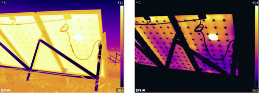<p>
Abbildung 9: Wärmebild im automatischen Modus (links) und im manuellen Modus (rechts). Das angepasste Temperaturintervall erhöht den Kontrast im Bild und lässt die defekte Zelle deutlich werden.
</p>