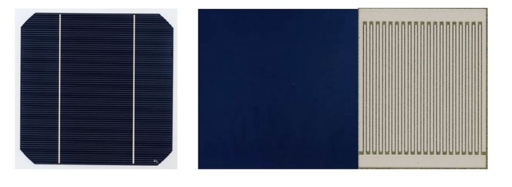 Vorderseite einer konventionellen Solarzelle mit Kontakten (links). Vorderseite (blau) und Rückseite einer rückseitenkontaktierten Solarzelle (rechts). - © Universität Stuttgart/ IPV
