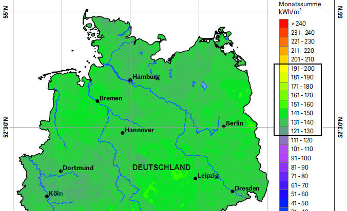 Ausschnitt aus der Einstrahlungskarte von Deutschland. - © Meteotest
