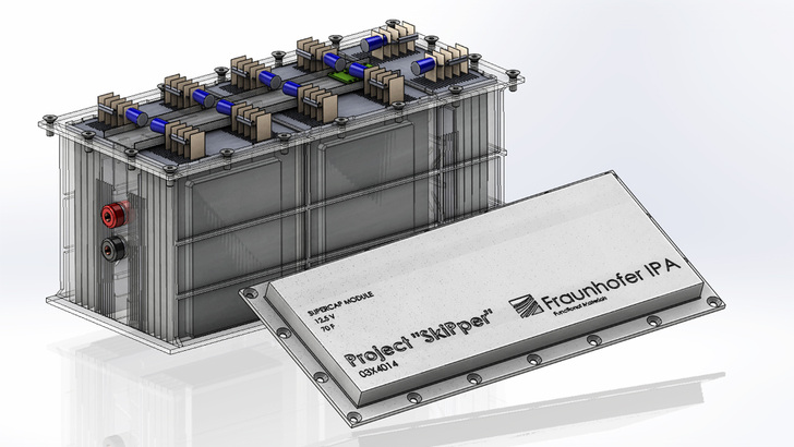Die neuen Superkondensatoren exisiteren schon als Prototyp. Die komplette Batterie - hier ein CAD-Modell - sieht dann so aus, dass die Superkondensatoren über den eigentlcihen Batteriezellen sitzen und so Stromspitzen abfangen. - © Fraunhofer IPA

