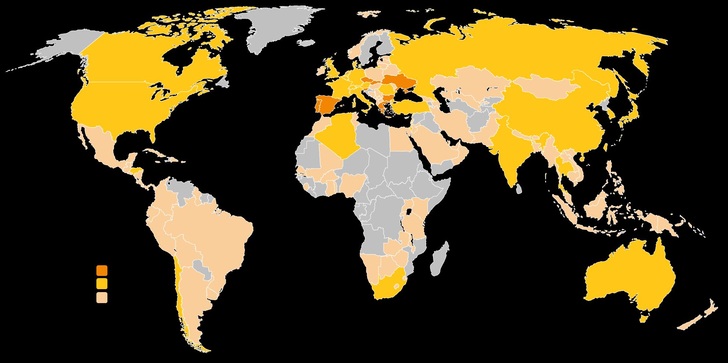 Geografische Verteilung der Photovoltaik-Märkte: Die verschiedenen Farben charakterisieren verschiedene Marktkategorien. - © Exportinitiative Energie
