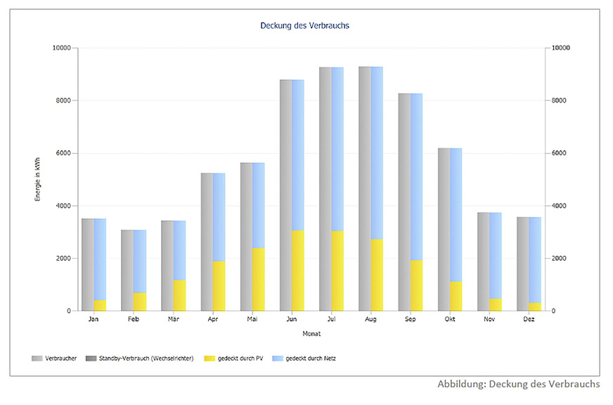 Darstellung von Verbrauch (grau), Netzbezug (blau) und Solarstrom (gelb) im Jahresverlauf.