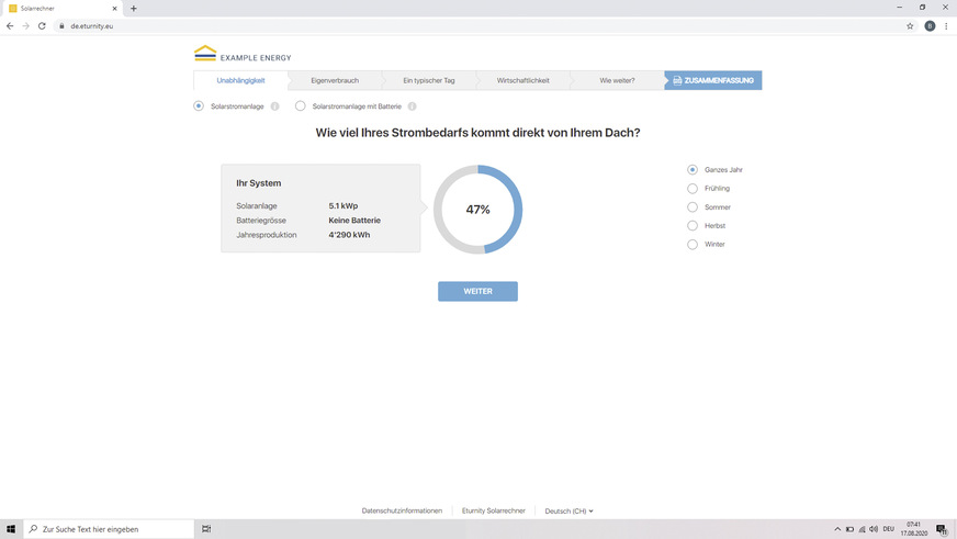 Analyse des Eigenverbrauchs mit dem Solarrechner von Eturnity.