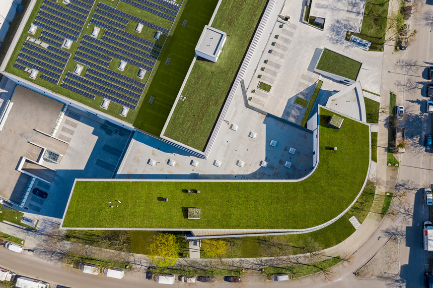 Die Dächer werden durch Grünflächen und Solarmodule gemeinsam genutzt.