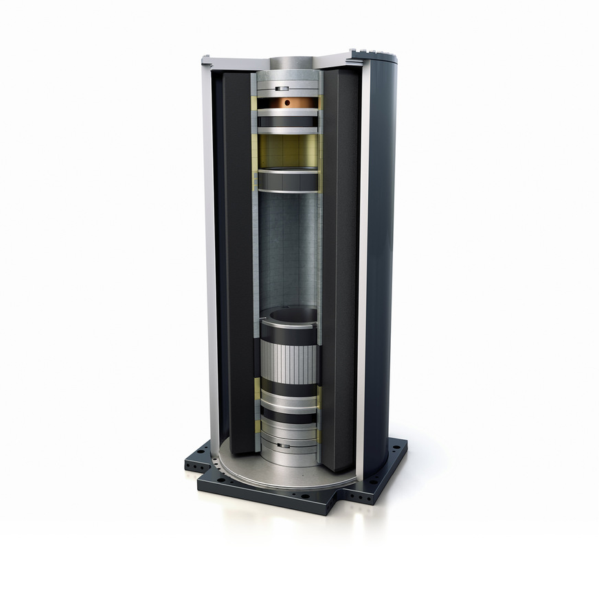 So sieht es im Inneren des Schwungradspeichers aus. Die Schwungmasse rotiert auf Magnetlagern im Vakuum.