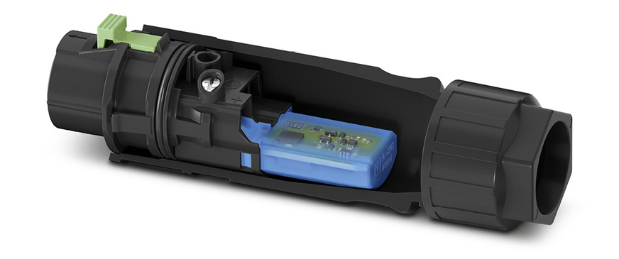 DC-Stecker mit integrierter Elektronik zur Notabschaltung.