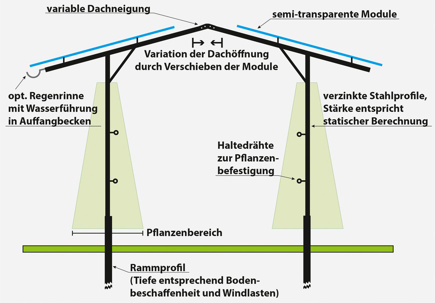 Schematischer Aufbau einer Agriphotovoltaikanlage.