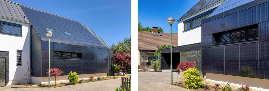 Westdach und Westfassade wurden mit integrierten Solarmodulen veredelt. Das optische Erscheinungsbild ist sehr glatt, weil rahmenlose Module zum Einsatz kamen.