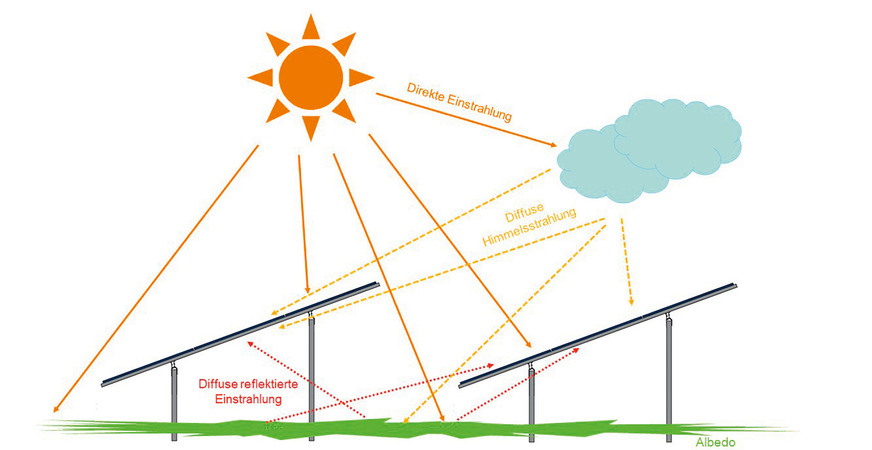 Direkte und diffuse Einstrahlung im auf­geständerten Modulfeld: Bei ­bifazialen ­Modulen trägt Strahlung, die auf die ­Rückseite trifft, zur Energieerzeugung bei.