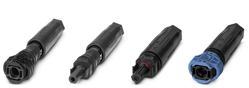 Die farbigen, mechanisch codierten ESS-Steckverbinder (rechts) unterscheiden sich deutlich von gängigen DC-Steckverbindern für Solarmodule.