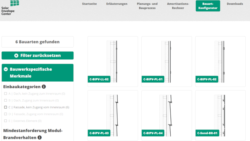 Bauart-Konfigurators im BIPV- Leitfaden. Die Fassaden-Normallösung C-Sond-BR-01 fand in einem Entwurf von Wulf Architekten für die Uni Mannheim Verwendung.