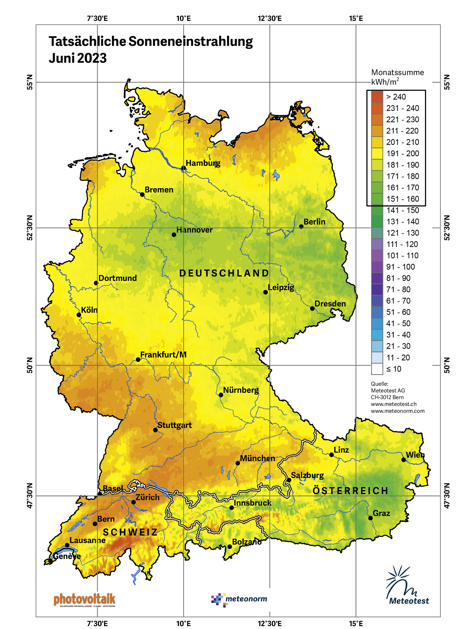 Tatsächliche Sonneneinstrahlung Juni 2023