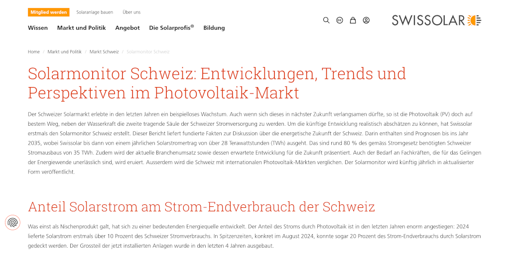 Solarmonitor Schweiz: Photovoltaik kann 80 Prozent des Stromausbaus liefern
