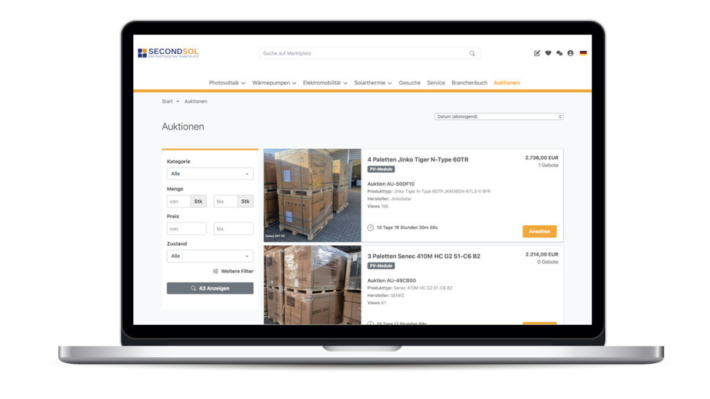 Solarkomponenten auf der Auktionsplattform ersteigern
