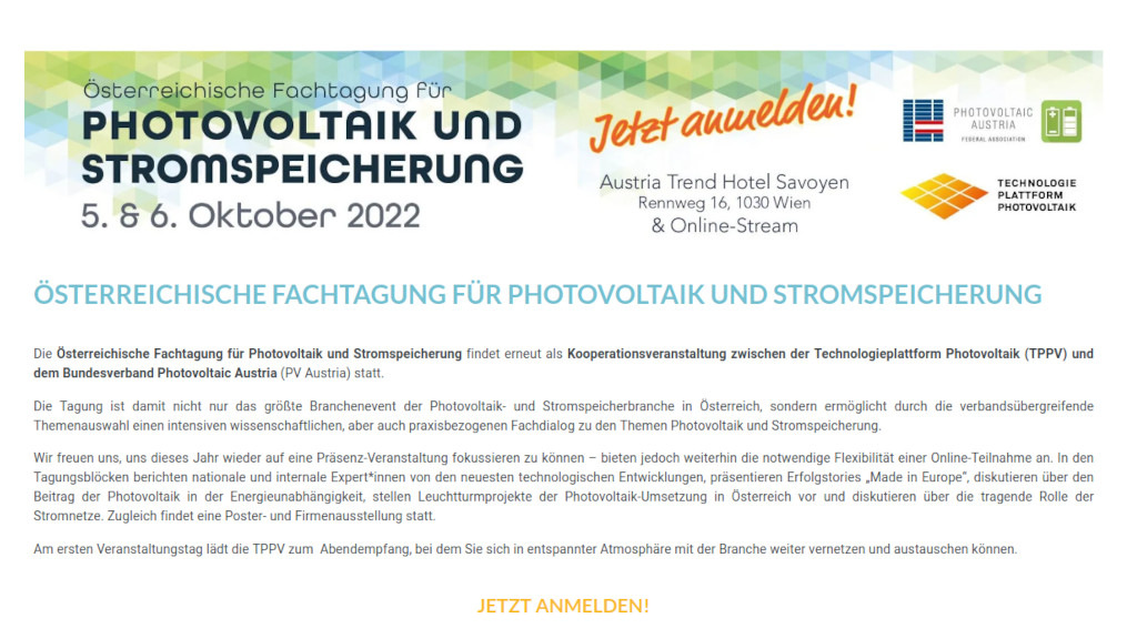 Photovoltaik- und Speicherbranche trifft sich im Oktober in Wien
