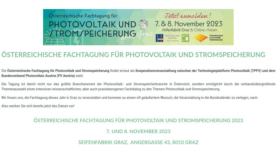 Österreichs Photovoltaik- und Speicherbranche trifft sich im November 2023 in Graz