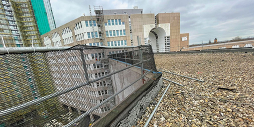 Patentierter Seitenschutz des Flachdachs mit Fangnetzen.