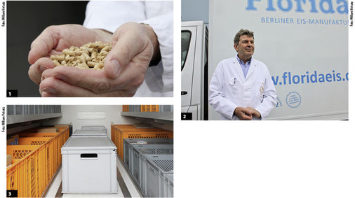 
1
 Die Pellets für die Heizung im Winter werden fast nur in den Weihnachtsferien gebraucht, wenn die Produktion ruht und die Kühlaggregate keine nutzbareAbwärme erzeugen.




2
 Geschäftsführer Olaf Höhn vor einem der Lieferwagen, mit denen das Eis zur Kundschaft gefahren wird.




3
 Ein altes Kühlkonzept neu aufgelegt: Mit Solarenergie „aufgeladene“ Kühlakkus halten das Eis frostig.
