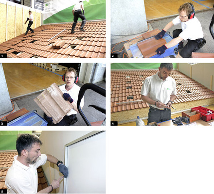 
1
 Die Monteure Helmut Wanner und Daniel Wiedmaier legen die Stellen frei, an denen später die Dachhaken gesetzt werden und bringen einen Teil der Ziegel zur Fräse.




2, 3
 Monteur Wanner an der Fräse vor dem Werkhallentor. Mit der Spezialfräse lassen sich die Ziegel schnell und präzise bearbeiten. Das Ergebnis sind identische und saubere Aussparungen, unter denen die Haken aus Rundmetall dann ihren Platz finden.




4
 Wiedmaier schraubt die Haken in die Grundprofile ein. Je nachdem, wie weit er die Haken eindreht, beeinflusst er die Höhe der Halterung. Als Schablone dient ihm dabei ein Rohr.




5
 Monteur Wiedmaier bringt wie vorgeschrieben Abrutschsicherungen an den Modulrahmen an. Sie erleichtern später die Arbeit, weil die Module so sicher auf den Schienen des schrägen Dachs abgelegt werden können.
