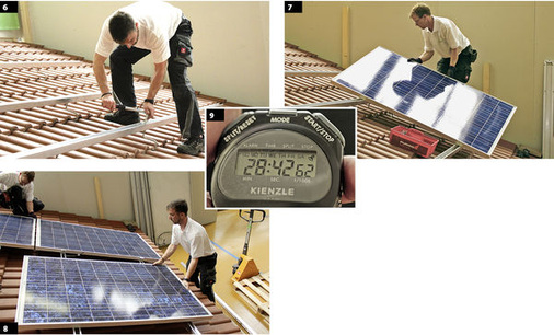 
6
 Wiedmaier schraubt die C-Schienen mit einem definierten Drehmoment auf die Dachhaken. Durch die besondere Konstruktion des Hakens kann er hier auch nochmals Unebenheiten des Dachs ausgleichen.




7
 Das Untergestell ist montiert, nun kommen die Module dran. Nach 21 Minuten und drei Sekunden liegt das erste auf dem Untergestell.




8
 Während Wanner (links) ein Modul an den Halterungen festschraubt, legt sich Wiedmaier ein weiteres zurecht. Dabei hilft ihm die Abrutschsicherung. Die Anschlusskabel finden Platz in der C-Schiene.




9
 Fertig. Unter einer halben Stunde sind die beiden Monteure geblieben. So schnell lassen sich acht Module mit dem Novotegra auf einem schrägen Ziegeldach montieren.
