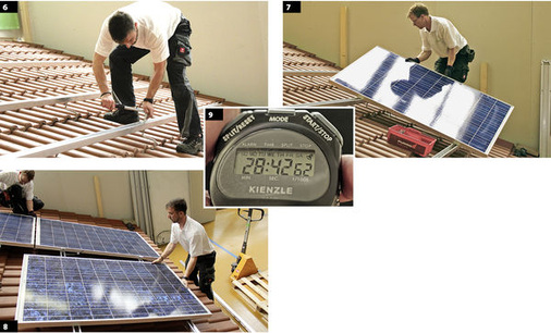 <p>
6
 Wiedmaier schraubt die C-Schienen mit einem definierten Drehmoment auf die Dachhaken. Durch die besondere Konstruktion des Hakens kann er hier auch nochmals Unebenheiten des Dachs ausgleichen.
</p>
<p>
</p>
<p>
7
 Das Untergestell ist montiert, nun kommen die Module dran. Nach 21 Minuten und drei Sekunden liegt das erste auf dem Untergestell.
</p>
<p>
</p>
<p>
8
 Während Wanner (links) ein Modul an den Halterungen festschraubt, legt sich Wiedmaier ein weiteres zurecht. Dabei hilft ihm die Abrutschsicherung. Die Anschlusskabel finden Platz in der C-Schiene.
</p>
<p>
</p>
<p>
9
 Fertig. Unter einer halben Stunde sind die beiden Monteure geblieben. So schnell lassen sich acht Module mit dem Novotegra auf einem schrägen Ziegeldach montieren.
</p>
