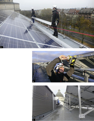 
1
 Montage der Sicherheitsschiene an der Modulkante. Vorausschauend wird die Blende montiert, um das Abrutschen von Schnee zu vermeiden.


2
 Sicherung der Träger für die Solarmodule. Die Anlage auf dem Dach der Staatskanzlei ist vorbildlich auch in Sachen Arbeitsschutz.


3
 Aufständerung der polykristallinen Module und Verkabelung der Wechselrichter im Raum hinter den Modulen. Auf diese Weise ist die Anlage leicht zugänglich – für Inspektionen und Reparaturen.
