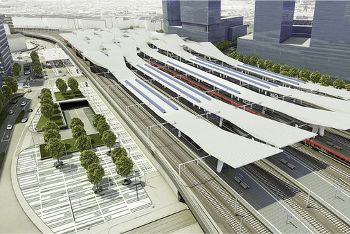
Energiekonzept für den neuen Wiener Bahnhof: Die Überdachung der Bahnsteige wird für Photovoltaik genutzt, insgesamt rund 1.200 Quadratmeter auf fünf Bahnsteigen.
