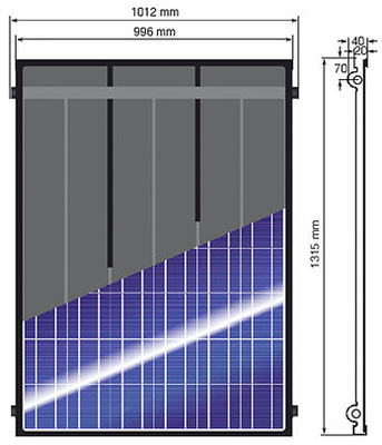 <p>
Waterkotte hat das Hybridmodul des Solarzentrums Allgäu in den Vertrieb aufgenommen. Hinter den Siliziumzellen liegt ein Wärmetauscher aus lasergeschweißtem Tiefziehblech. Laminat und Wärmetauscher werden durch einen Kunststoffrahmen verbunden.
</p> - © Grafik: Waterkotte

