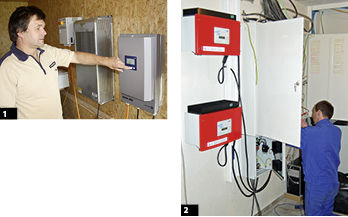 
1
 Der Windgenerator benötigt spezielle Wechselrichter. Anders als Photovoltaikmodule liefert er einen Wechselstrom, der auf Netzfrequenz umgesetzt werden muss. Michael Heyde erläutert einen Umrichter der Marke Aeocon von Siebt & Meyer aus Lüneburg.




2
 Anschluss einer Windkraftanlage mit zwei Windy Boys von SMA. Ihre Produktion wurde eingestellt.
