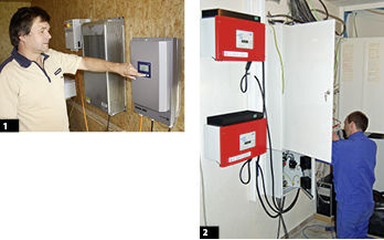 <p>
1
 Der Windgenerator benötigt spezielle Wechselrichter. Anders als Photovoltaikmodule liefert er einen Wechselstrom, der auf Netzfrequenz umgesetzt werden muss. Michael Heyde erläutert einen Umrichter der Marke Aeocon von Siebt & Meyer aus Lüneburg.
</p>
<p>
</p>
<p>
2
 Anschluss einer Windkraftanlage mit zwei Windy Boys von SMA. Ihre Produktion wurde eingestellt.
</p> - © Foto: Heyde Windtechnik

