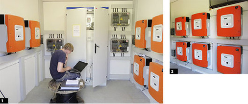 <p>
1
 Ein Mitarbeiter von IBC Solar programmiert das Speichermanagement.
</p>
<p>
2
 Neun bidirektionale Wechselrichter von SMA mit einer Leistung von je fünf Kilowatt arbeiten im Speicherhäuschen.
</p>