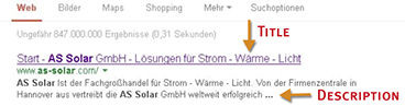
Im Suchergebnis sieht der Internetnutzer neben der URL den Titel und die Beschreibung der Webseite.
