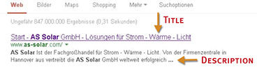 <p>
Im Suchergebnis sieht der Internetnutzer neben der URL den Titel und die Beschreibung der Webseite.
</p>