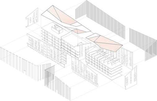 
Charakteristisch für das neue Hotel und das benachbarte Wohngebäude sind die teilweise begrünten Holzfassaden und das aus mehreren flach geneigten Flächen bestehende Aluminium-Stehfalzdach.
