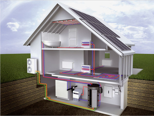 <p>
Prinzip eines Heizsystems aus Photovoltaik, Luftwärmepumpen und Pufferspeicher, wie es Soleg anbietet.
</p> - © Grafik: Soleg

