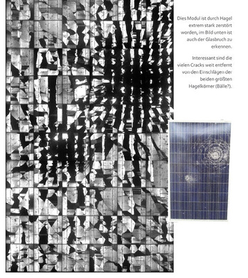 
Links sieht man das Modul in der Elektrolumineszenz, rechts den Glasbruch durch den Hagel. Erkennbar ist, dass sich die Schäden in den Zellen auch in Arealen zeigen, die von den Einschlägen weiter entfernt sind.
