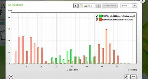 <p>
Beispielhafte Darstellung der Netzeinspeisung von Überschussstrom und des Netzbezugs einer Kundenanlage bei Unterdeckung im Monat August 2013.
</p>