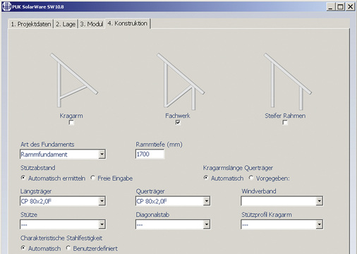 
Mit dem Bemessungsprogramm Puk-Solarware wird für jede Anlage die optimale Variante der Unterkonstruktion berechnet.
