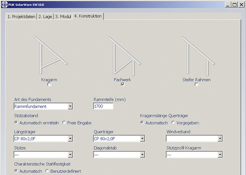 <p>
Mit dem Bemessungsprogramm Puk-Solarware wird für jede Anlage die optimale Variante der Unterkonstruktion berechnet.
</p>