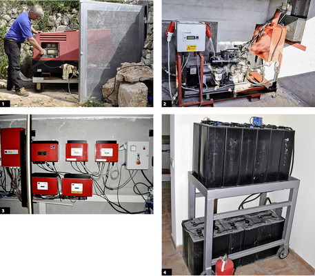
1 
Auch in der alten Finca springt das Dieselaggregat nur an, wenn die Kraft von Sonne und Wind nicht ausreicht. Es ist ein Schluckspecht, spritmäßig gesehen.



2 
Der neue Dieselgenerator läuft nur ganz selten. Gesteuert wird er über dasHauskraftwerk S10.



3 
Die Leistungselektronik der Solaranlage und der Windturbinen mit Wechselrichtern und Zählern ist komplex, aber beherrschbar. Das Verschaltungskonzept deralten Anlage wurde von einem deutschen Installateur entwickelt und eingebaut.



4 
Batteriepakete der Bleiakkumulatoren. Das zweite, neuere Speichersystem wurde mit Lithium-Ionen-Akkus aufgebaut. Die Zellen befinden sich in einer kompakten Einheit mit der Ladesteuerung des Hauskraftwerks.
