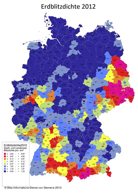 



Gefährdung durch Blitzeinschlag in Deutschland, gemessen durch die Siemens-Sensoren (Blids).

