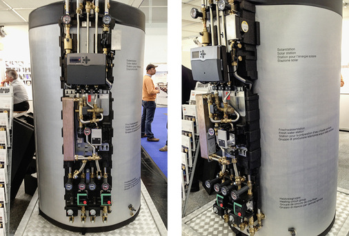 <p>
</p>

<p>
Komplettsystem von Oventrop, vorgestellt auf der Intersolar im Juni in München: Die solarthermische Station im oberen Speichersegment lässt sich problemlos durch einen photovoltaischen Heizstab ersetzen.
</p> - © Fotos: HS

