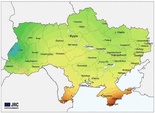 
Sehr gute natürliche Bedingungen: Der blaue Farbton im ehemaligen Galizien (Lwiw) markiert rund 1.000 Kilowattstunden je Quadratmeter. Die braunen Flächen im Süden liefern bis 1.350 Kilowattstunden je Quadratmeter. 



