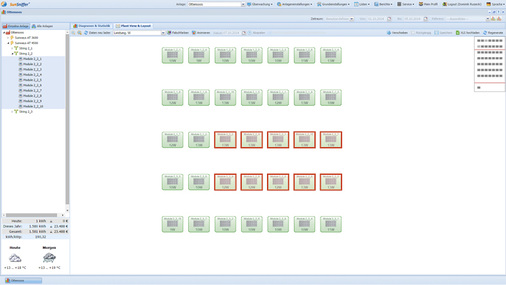 <p>
Die Plant-View-Funktio erlaubt die eindeutige Identifikation aller Module. Eine Zuordnung zu den beobachteten Fehlern wird erheblich vereinfacht. 
</p>
<p>
</p> - © Grafik: Storm Energy

